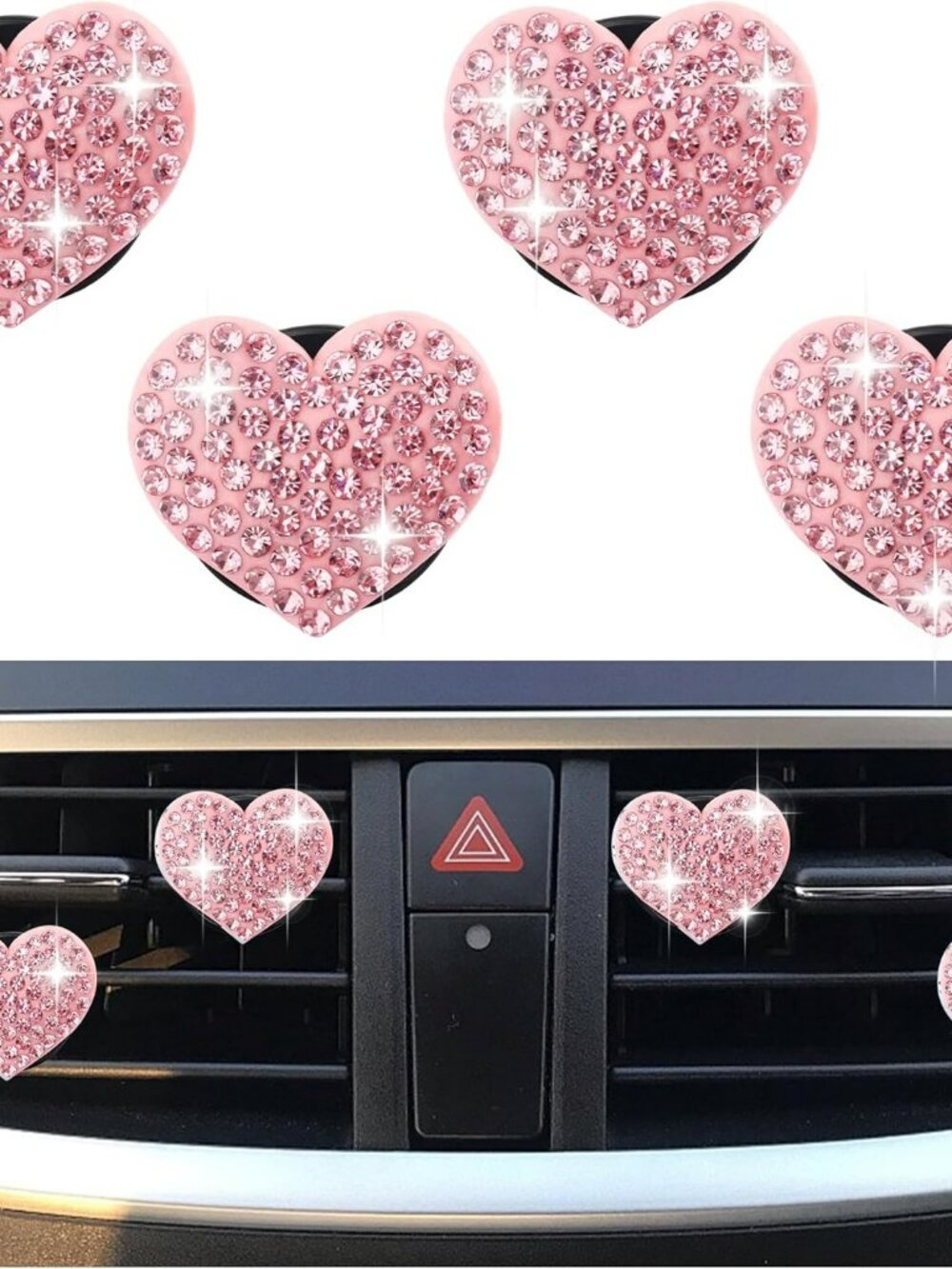4 Car Bling Heart Vent‎ Clips Pink Rhinestones Air Vent Clips
